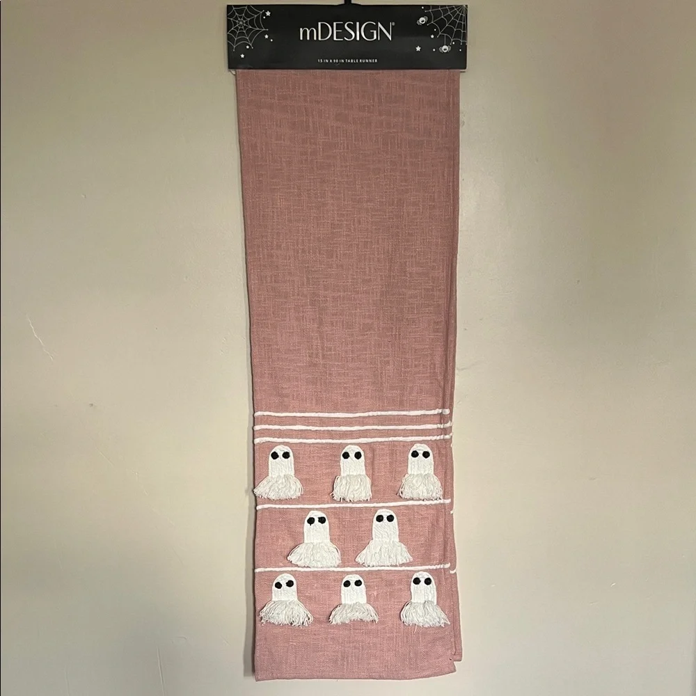 mDesign Halloween Spooky Cute Ghost Soft Pink Fringe Table Runner NWT